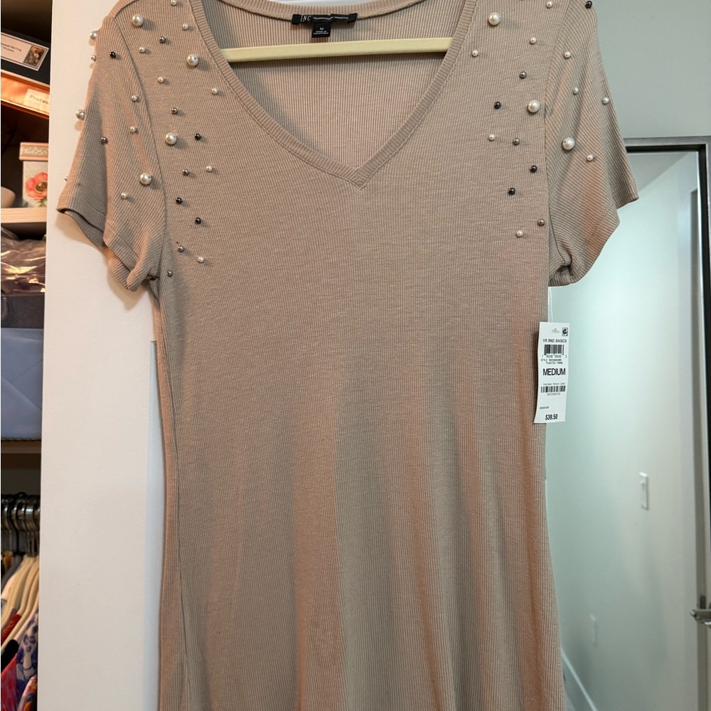 NWT INC International Concepts Beige Pearl-Studded Tee